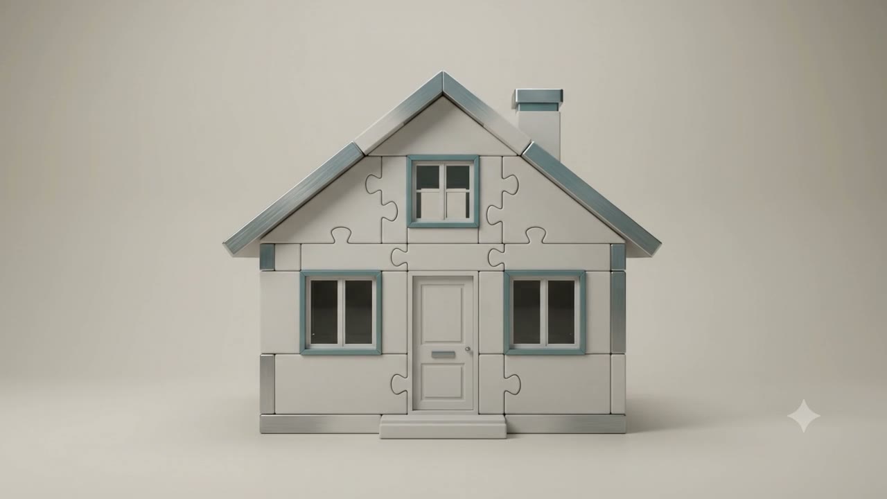 Potongan aluminium presisi tersusun seperti puzzle membentuk rumah utuh